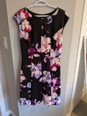 Maggy London Black Midi Dress with Purple and Pink Floral Print
